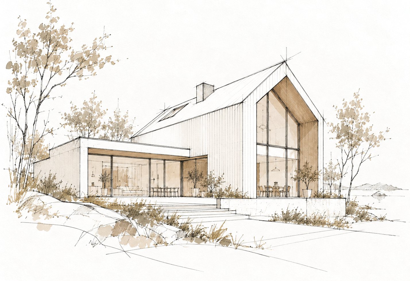 Ink and wash sketch of a gabled house with a glass gable end and a low flat-roofed wing