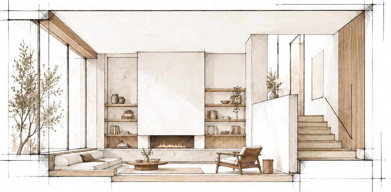 Sketch of a living room with a fireplace wall, oak shelves, and a stair