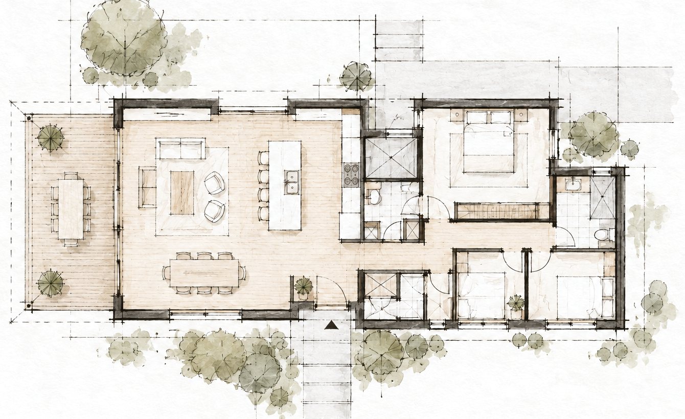 Watercolor floor plan of a one-story house: living, kitchen, and dining onto a terrace, three bedrooms, and two bathrooms