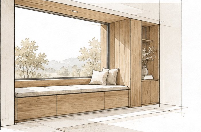 Sketch of an oak window seat with built-in shelves